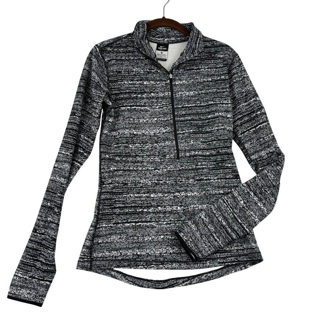 Nike Pro Half Zip Sweatshirt Size M Black Print Dri-Fit Pullover Thumbholes